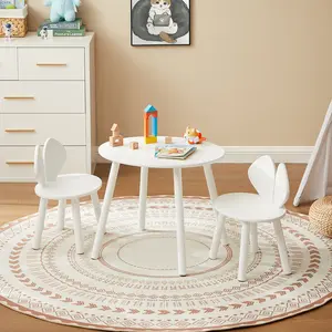 VECELO Kids Round Table and 2 Chairs Set, Toddler Wooden Activity Table and Chair Set for Ages 3-10, Children Craft and Play Table Drawing Reading, White