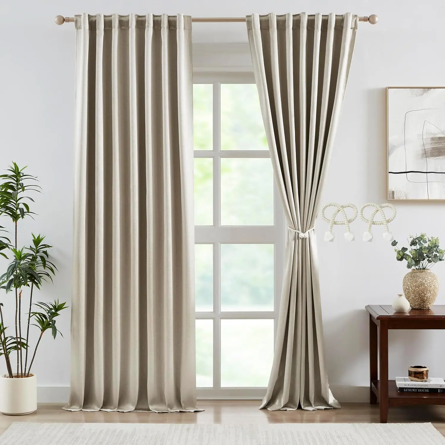 Tan Blackout Curtains Jacquard 85% Room Darkening  Tab Rod Pocket Window Curtains for Bedroom Living Room 84 inches Thermal Insulated Taupe Drapes with Tiebacks 2 Panels 54" Wx84 L