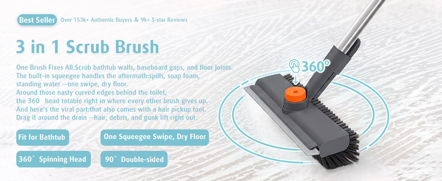 AIR U 3-in-1 Floor Scrub Bathtub Brush with Long Handle, Double-Sided, Heavy-Duty Stiff Bristles & Squeegee – Scrape & Scrub for Shower, Bathroom, Patio, Garage, Kitchen, Wall & Deck – Home Cleaning Essentials