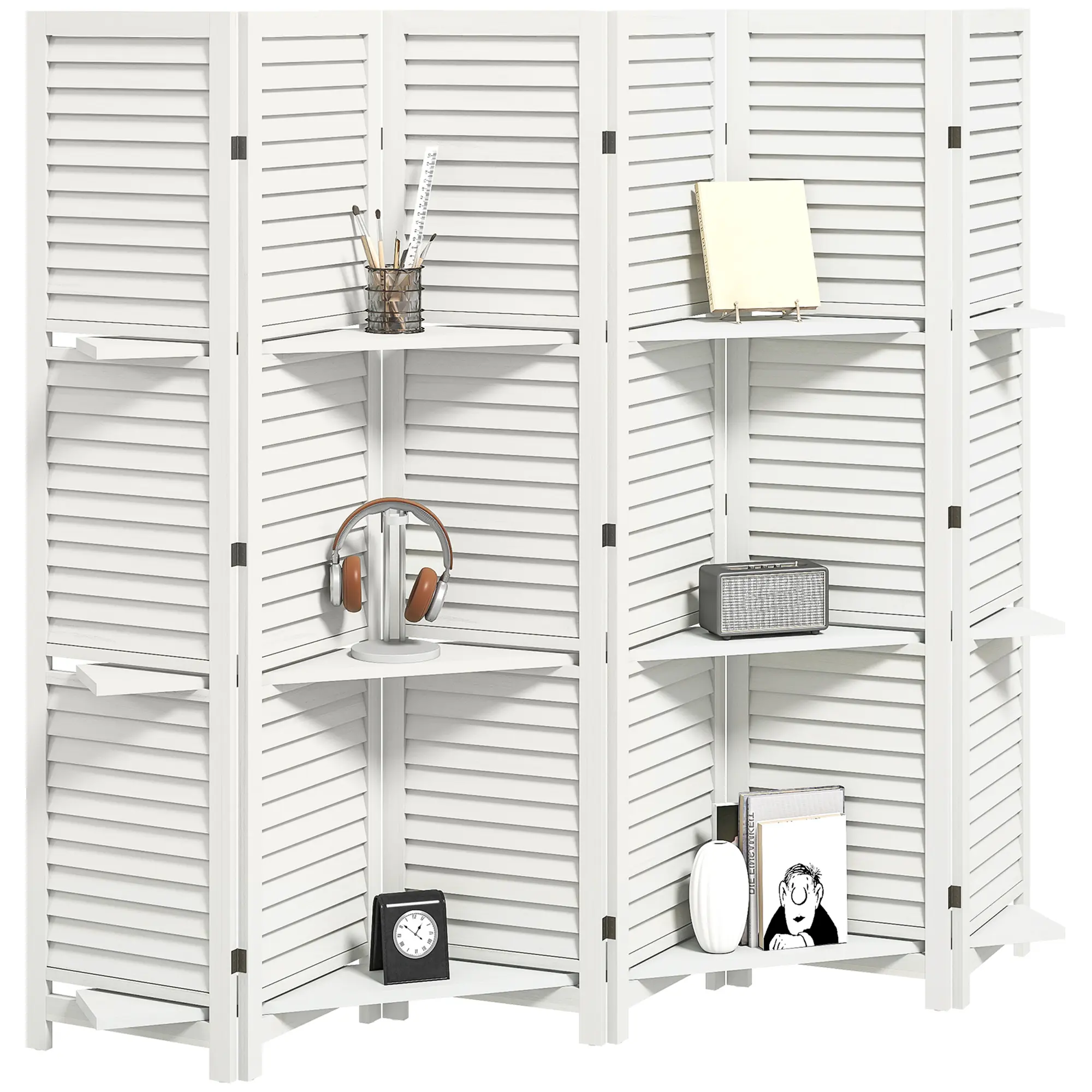 6 Panel 67" Tall Wood Privacy Screen Room Divider with 3 Shelves and Folding Storage for Bedroom, White – Perfect for Bedroom, Dorm, or Studio