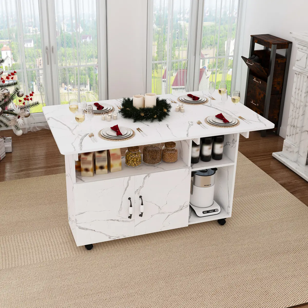 47-Inch White 4-in-1 Dual-Use Expandable Corner Dining Table, Rolling Foldable Desk with Storage Shelves & Smooth Wheels, Space-Saving Compact Table for Small Home Kitchen, Corner Dining Tables, 4-In-1 Dining Tables