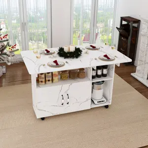 47 Inch White Rolling Folding Dining Table, Multi-functional Foldable Desk with Storage Shelves & Smooth Wheels, Space Saving Compact Collapsible Table for Kitchen Dorm Office Small Home