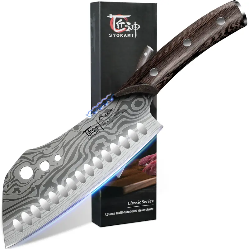 SYOKAMI Classic 3-in-1 Kitchenware Knife Set - 7 inch Asian Knife with Chef, Santoku, Nakiri Functions, Herb Stripper, 56+ RC Edge Hold, FSC-Certified Wood Handle, Full Tang Blade, Gear Teeth, Ideal for Slicing, Chopping, Holiday Gifts