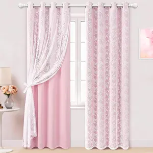 Curtains for Girls Room Double Layer Blackout Curtains for Bedroom 84 Inches Long  Curtain for Living Room, Grommet Drapes with Tiebacks, 52" W x 84" L