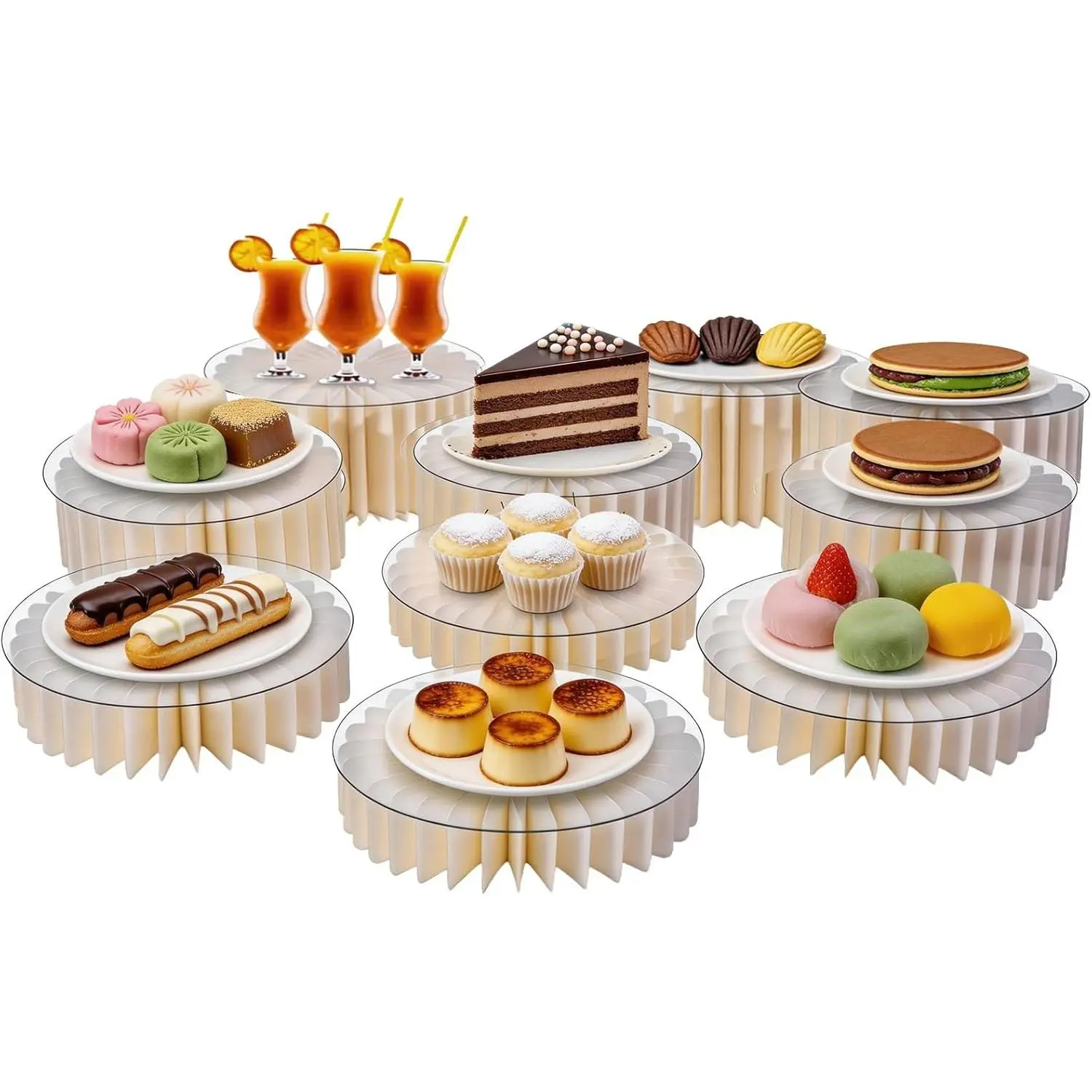 10Pcs Foldable Buffet Food Risers, 12" Reusable Cardboard Display Cylinder Stands with Acrylic Plates for Party Wedding Catering & Birthday Decor