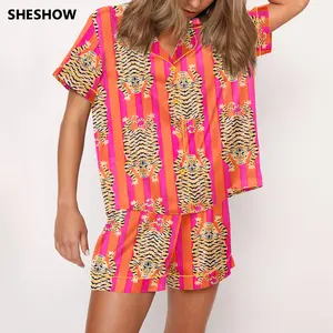 SHESHOW Tiger Print Silky Satin Pajama Set For Women Print Comfy Satin Sleepwear & Loungewear Pjs Printing Silky Top & Bottoms Fallfreshness