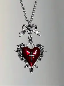 Gothic Punk Style Heart Butterfly Vintage Inspired Sacred Heart Gothic Cross Pendant Necklace, Perfect for Women & Couples, Heart Shaped Necklace
