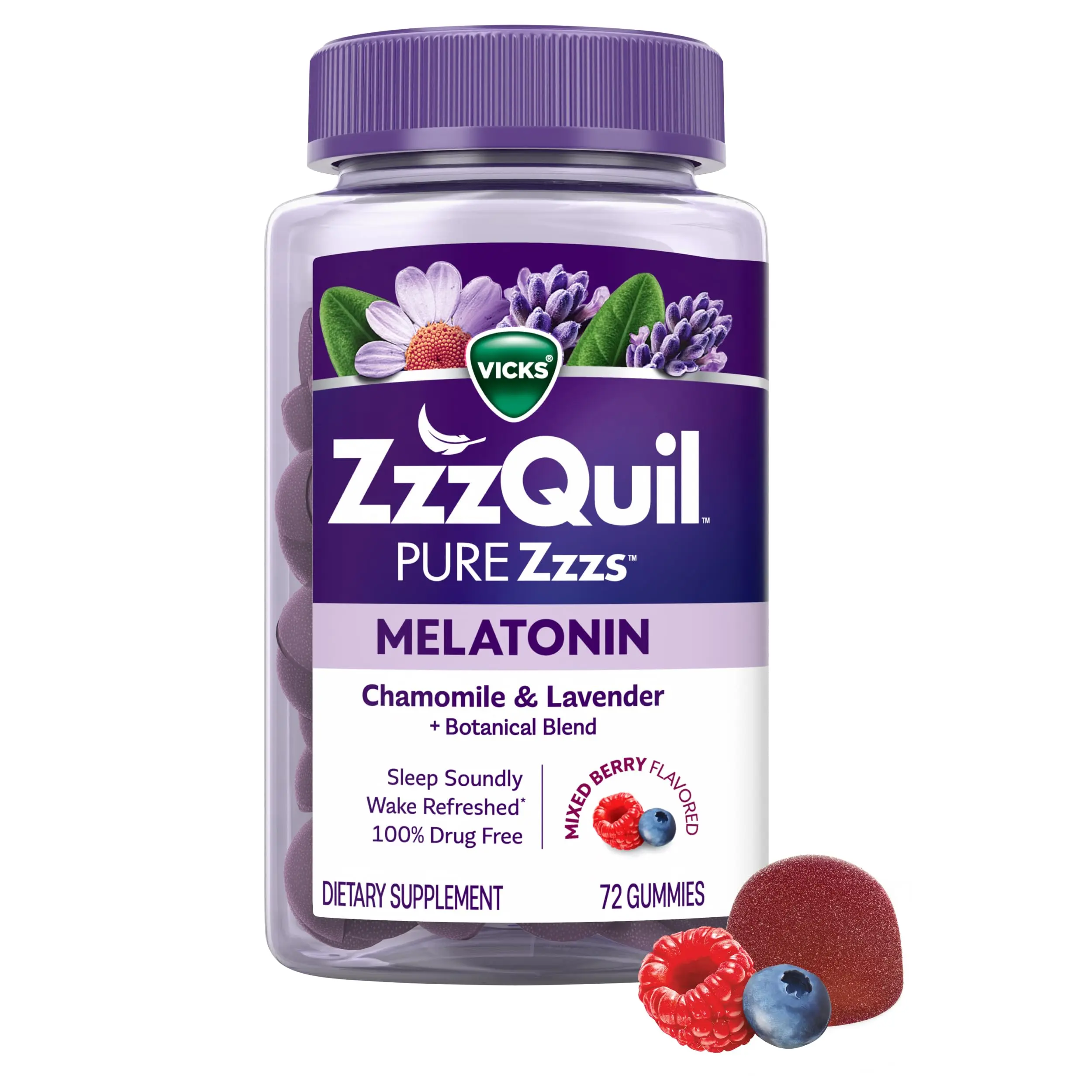 Pure Zzzs Melatonin Gummies 2mg Sleep Aid with Chamomile & Lavender, Wildberry Vanilla Flavor - 72 Gummies for Adults