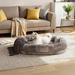71" Human Dog Bed for Adults & Pets, Giant Dog Bed with Orthopedic Egg Crate Foam, Plush Faux Fur, Includes Blanket & Pillow, Light Gray/Gray