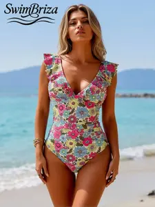 Briza｜Ruffle V-Neck One Piece Swimsuit For Women In Bright Floral Print As Vacation Swimwear For Women With A Bathing Suit Fancy Look, Blending Bathing Suits For Women Coverage, Cute Swimsuits For Women Charm, And Women'S Swimsuits Support