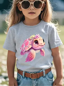 Girls' Blossom Turtle T-Shirt, Dreamy Flower Sea Turtle Print, Comfortable Soft Fabric, Cute Trendy Casual Wear, Graphic Printed Shirt, Floral Print Tee