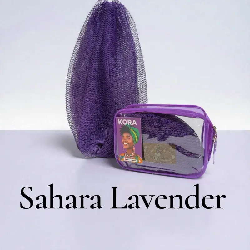 KORA NET’S Sahara Lavender Authentic African Exfoliating Net Bath Sponge in Travel Case, made with Nylon Material Quick Drying Resists Bacteria