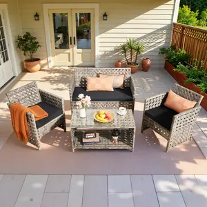 [Mother's Day Gift] Outdoor Patio Rattan Furniture, 4 Pieces Sofa Set with Cushions & Coffee Table, Modern Wicker Loveseat for Lawn, Pool or Backyard