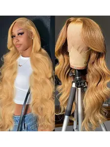 180% density honey gold wig real hair Hd Human Hair 13x4 gold lace front top wig 16-30 inches pre drawn 27 # color dyed large wave high-definition lace front top wig suitable for all races