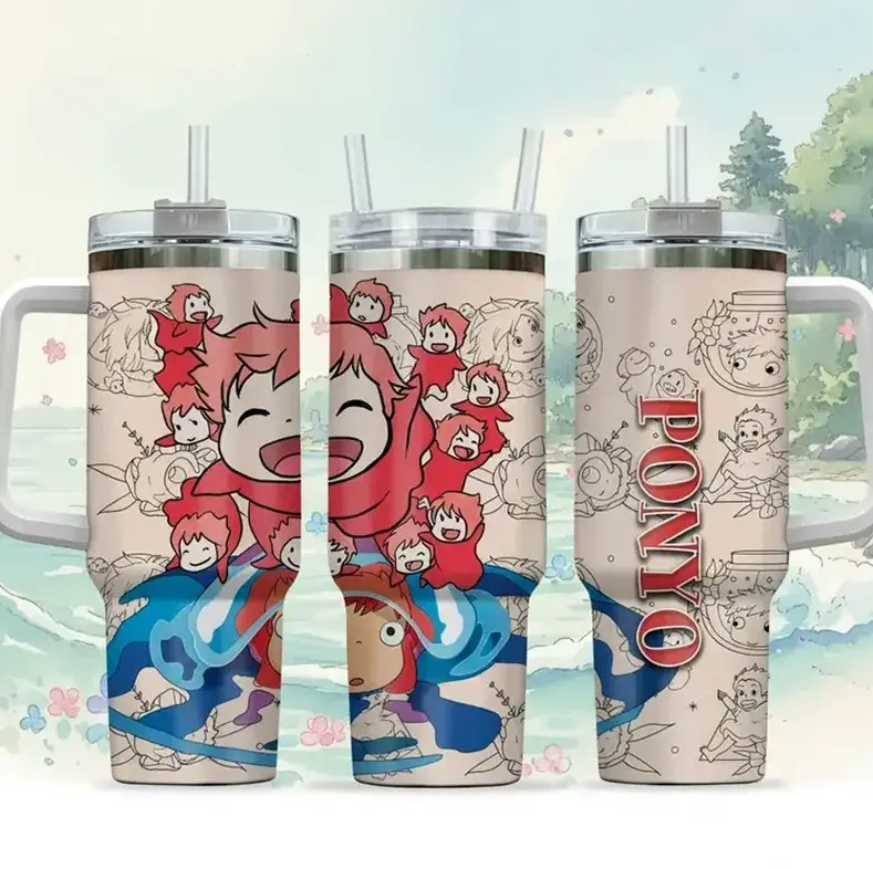 [Gift Box Included] 40oz, 20oz Cute Ponyo Studio Ghibli Inspired Print Stainless Steel Tumbler with Handle and Straw Vacuum Insulated Travel Mug Fits Car Cup Holder Kawaii Anime Gift for Her