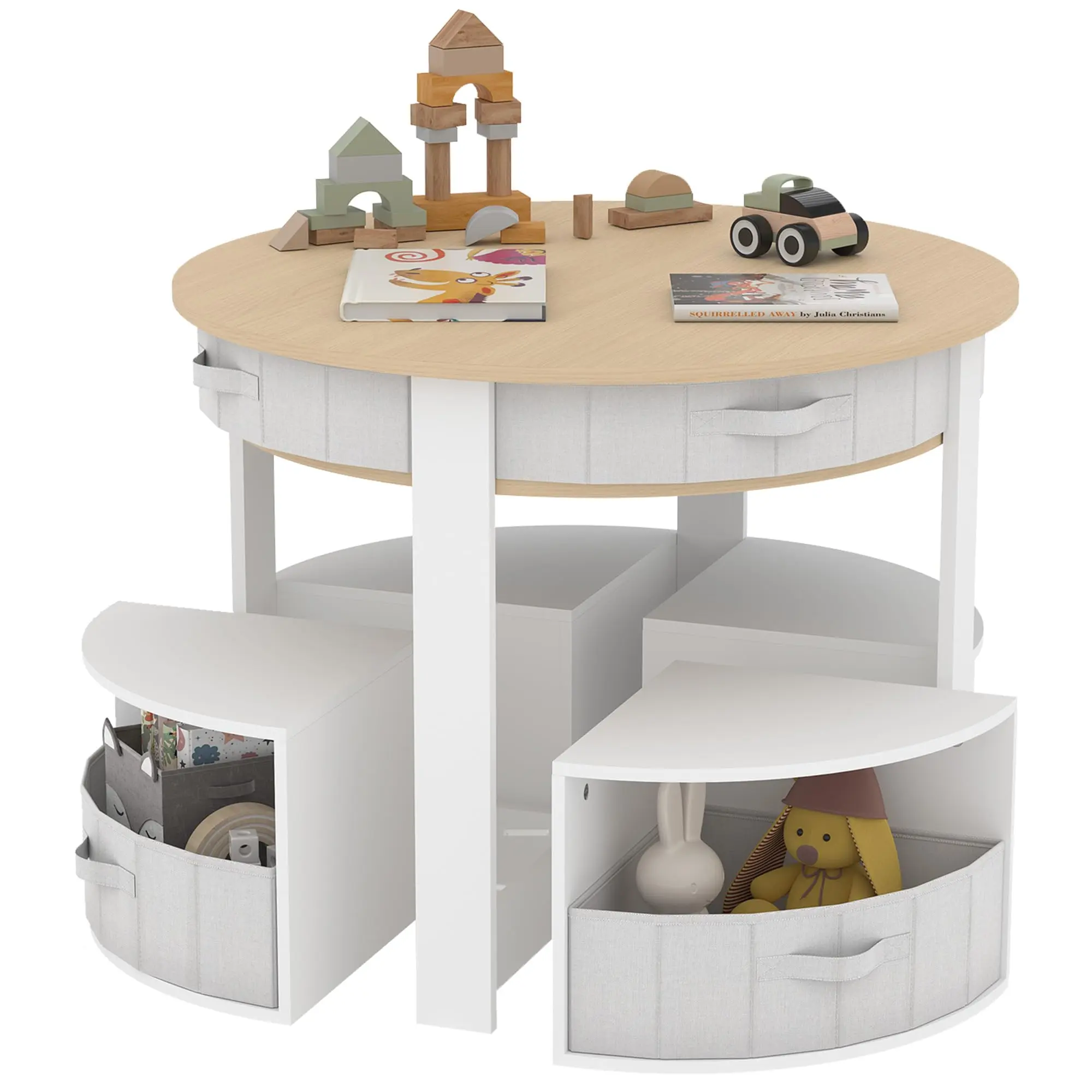 Garvee Space-Saving Kids Round Table and Chair Set – Wooden Activity Desk with 4 Storage Stools Fabric Drawers – Ideal for Play/Art/Reading/Crafts – Perfect for Playrooms Children's Rooms
