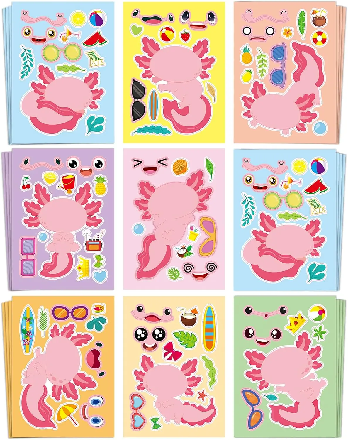 32-Sheet Axolotl Make-a-Face Sticker Packs, Mix 'n Match DIY Crafts Stickers for Kids, Party Favors & Activities