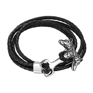 OIDEA Men's Double Wolf Head Stainless Steel Multi-Wrap Leather Bracelet and Necklace Set, Viking Boho Jewelry