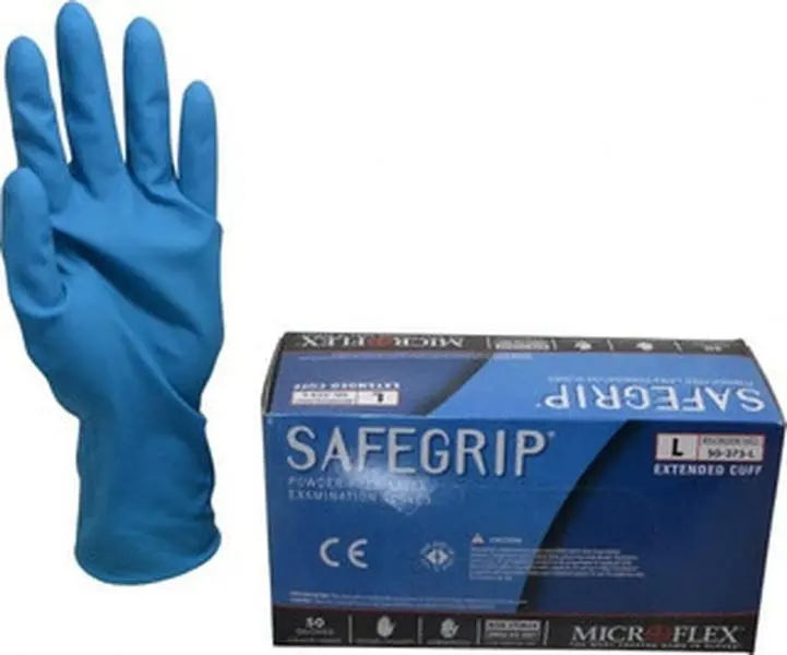 Microflex SG-375-L Medical Grade Disposable Latex Gloves, Size L, 11 mil, 12" Long Blue, Powder-Free, Non-Slip Textured Grip, Beaded Rolled Cuffs, Ambidextrous Work Safety Gear for Medical Use