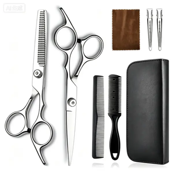 6-in-1 Stainless Steel Haircut Kits - Professional Barber Shears, Thinning Scissors, Hairdressing Comb, Clips, Storage Case, Adjustable Grip Haircare Tool Set for Clean Cuts at Home/Salon, Ideal Gift for Adults