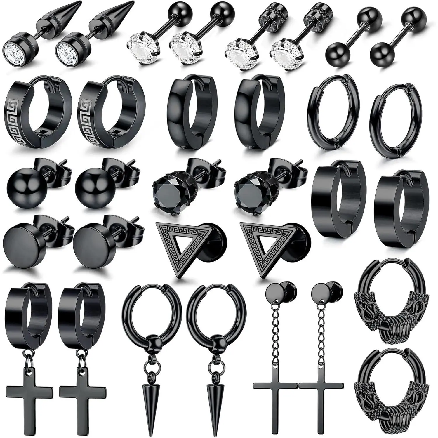 MILACOLATO 16 Pairs Black Earrings, Gothic Earrings Hip Hop Vampire Halloween Party,Y2K Punk Earrings,Cross Dangle Hoop Earrings Stud Set, Stainless Steel Hypoallergenic Earring For Men Women Unisex, Drop Earrings summerwins