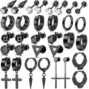 MILACOLATO 16 Pairs Black Earrings, Gothic Earrings Hip Hop Vampire Halloween Party,Y2K Punk Earrings,Cross Dangle Hoop Earrings Stud Set, Stainless Steel Hypoallergenic Earring For Men Women Unisex