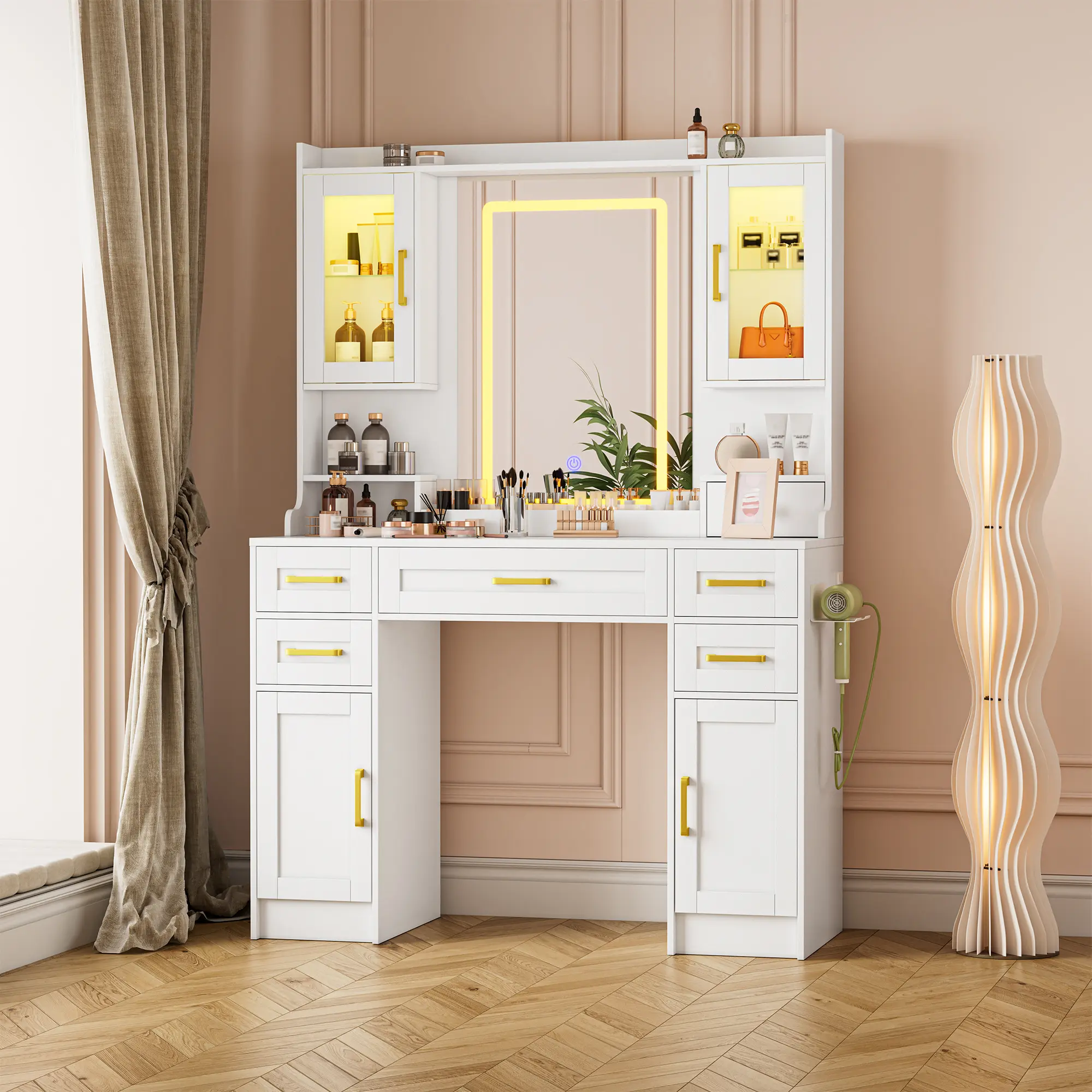 Large Makeup Vanity Table With LED Touch Control Mirror Lights, Big Bedroom Vanity Desk With Power Outlet, 4 Cabinets 5 Drawers 2 Open Shelves, Floor Makeup Dresser, Perfect Gift For Women