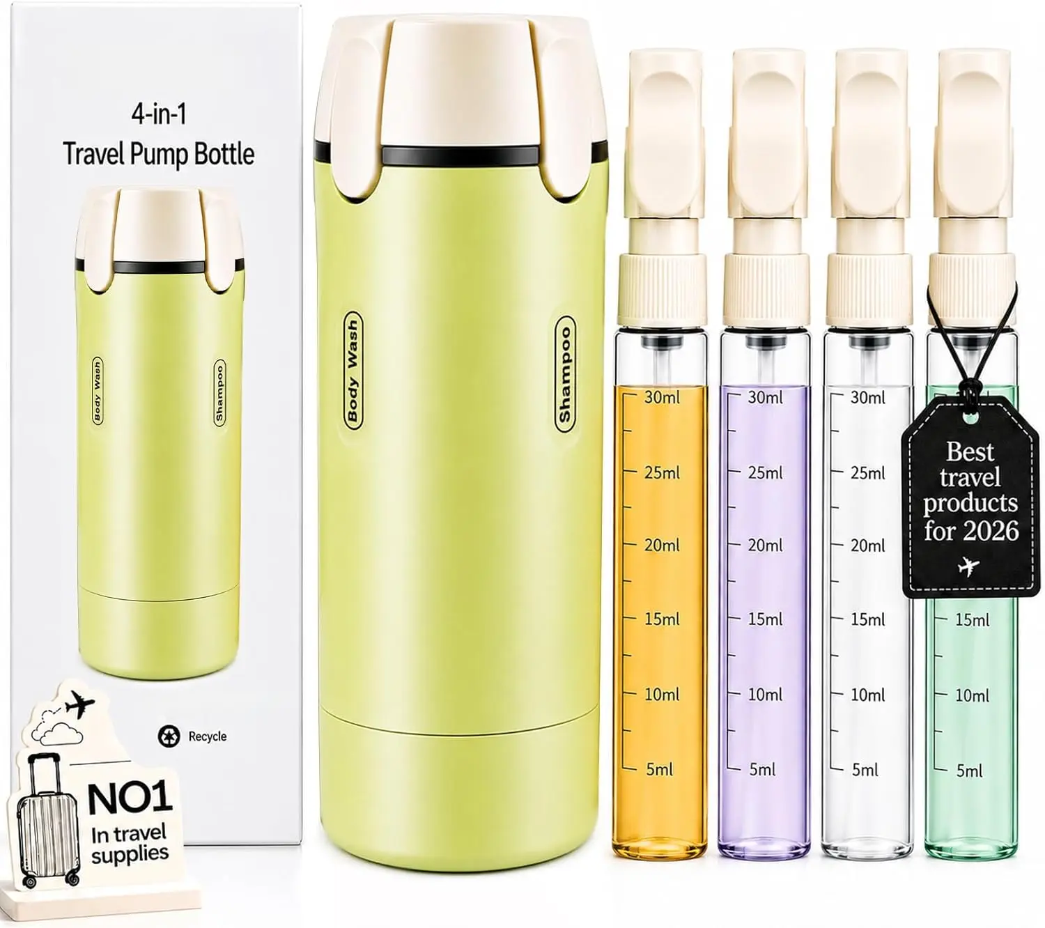 4-in-1 Travel Bottles for Toiletries, 4 x 1 oz Refillable Pump Dispenser with Labels, Leak-Resistant Carry-On Containers for Shampoo, Lotion, Body Wash & Conditioner