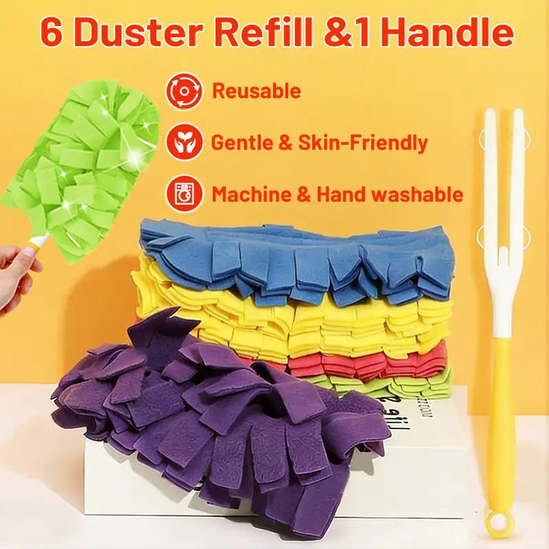 Duster Refills for Swiffer, Microfiber Dusters, Fleece Duster, 6 Duster Refill and Handle, Reusable Heavy Duty Cloths, Washable Hand Dusters Pads, Reusable Washable Pads for Dust Removal on Fans, Blinds, Ceilings and All Surfaces