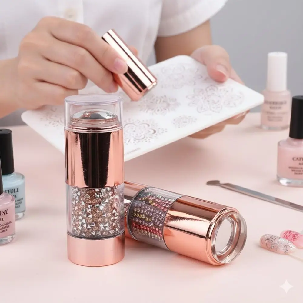 Silicone Nail Art Stamp Kit: Portable Non-Slip Grip, Self-Adhesive Stamp Heads for Quick Transfer, Interchangeable Heads & Design Plates. Safe Rounded Silicone, Compatible with Nail Art Accessories, Compact & Travel-Friendly Storage.