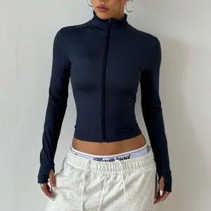 Stretch Navy Athletic Top |   Full Zip Cropped Jacket for Workout & Casual Wear Fitted Silhouette with Thumbholes