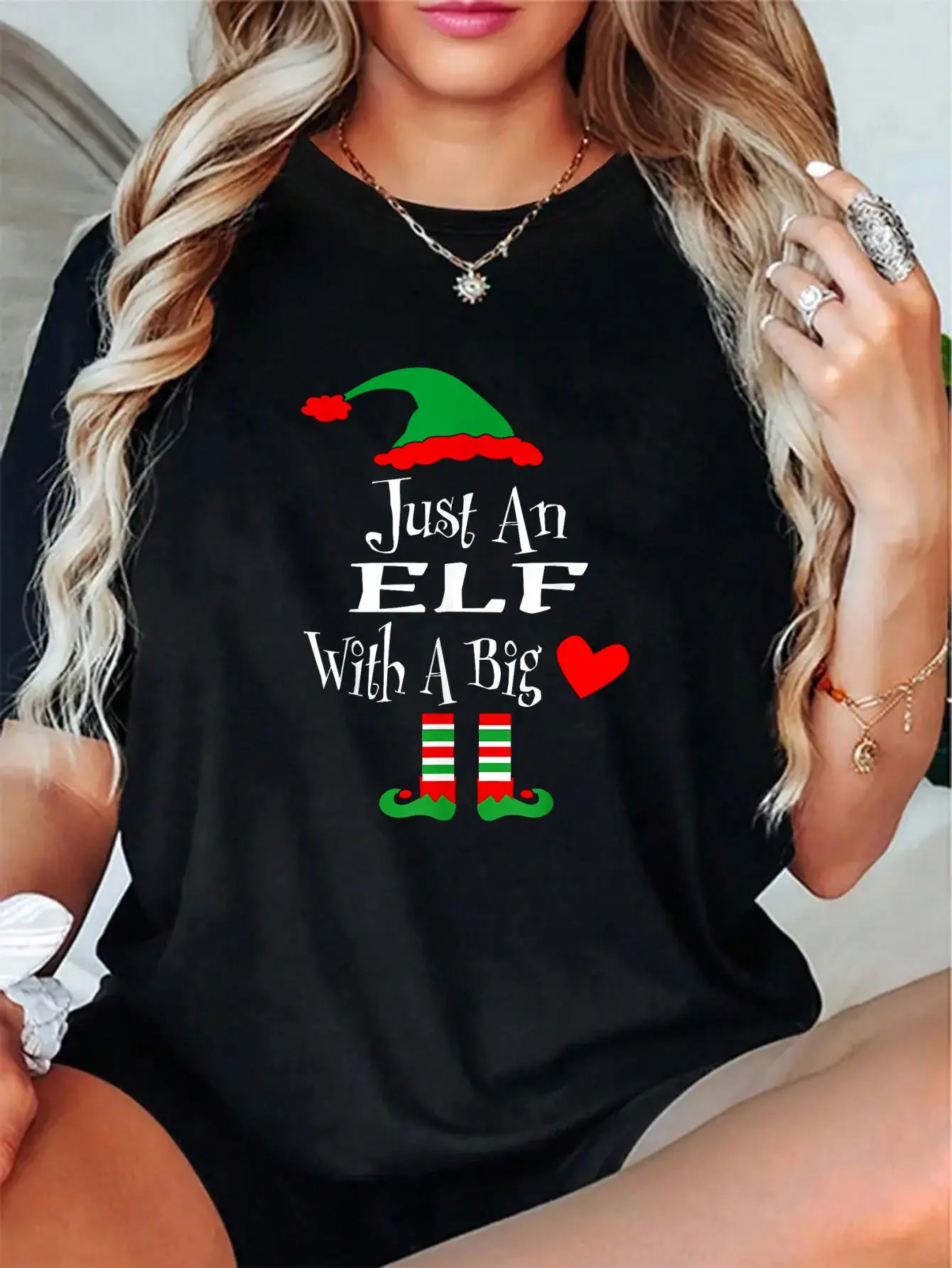 Women's Cute Funny Elf Print Christmas T-Shirt - 100% Cotton Casual Breathable Fabric, Short-Sleeve Relaxed-Fit Graphic Tee, Holiday Top for Family Matching, Soft, Tshirt, Style, Vibe, High Def, Graphic Print, Love, Check, Jacket, Shortsleeve, Everyday, A