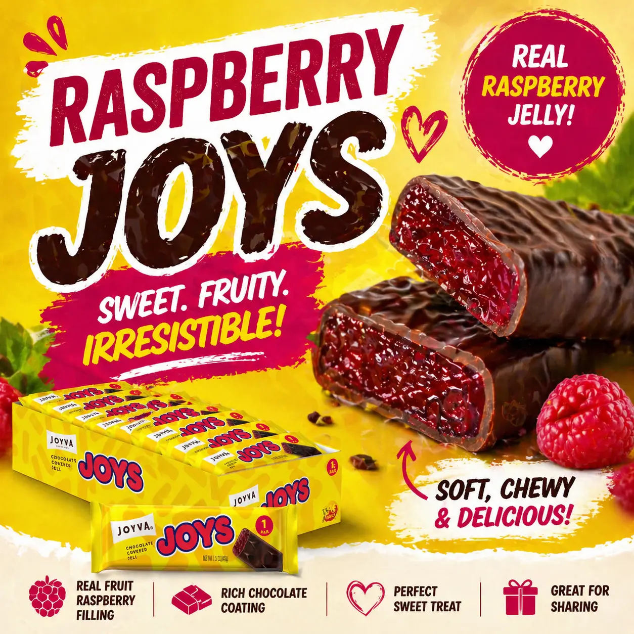 Joyva Raspberry Joys 36 Count Box  Raspberry Jelly & Chocolate Candy | Classic Individually Wrapped Sweet Treats