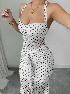 Women's Polka Dot Print Halter Neck Bodycon Fit Dress, Fashion Casual Sleeveless Short Dress for Party Club Dating Wear, Women Dress for Summer