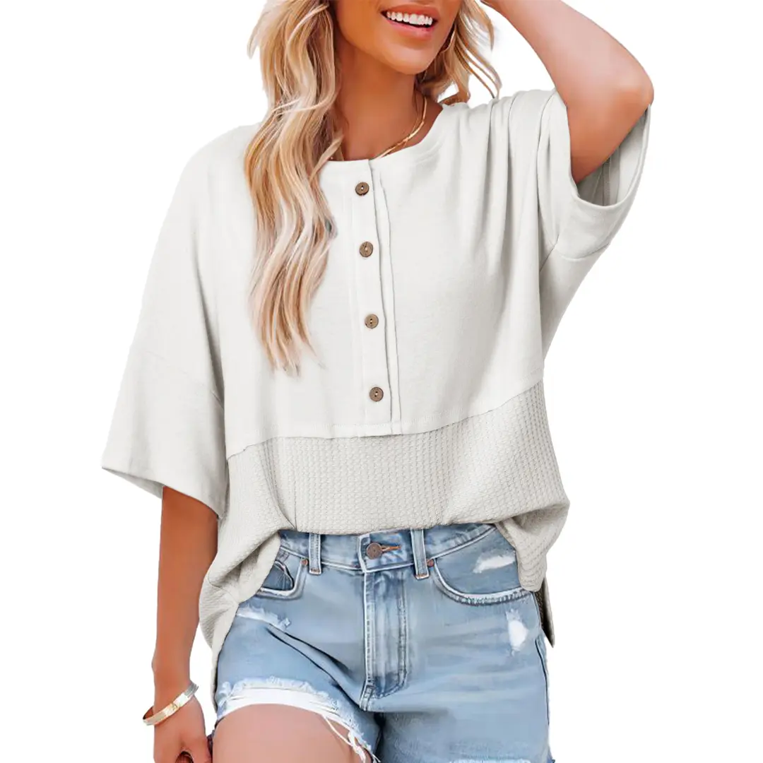 Dokotoo Womens Waffle Knit Tops 2026 Fashion 3/4 Sleeve Casual Button Down Shirts Crew Neck Oversized Patchwork Blouses Dokotoo Womens Waffle Knit Tops 2026 Fashion 3/4 Sleeve Casual Button Down Shirts Crew Neck Oversized Patchwork Blouses