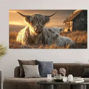 1PC 2D Flat Modern Scottish Highland Cow Family Sunset Wall Art - Realistic Farmhouse Style Decorative Painting, Vintage Prints, Frameless Large Canvas, Unframed Painting, Suitable for Living Room, Bedroom Decoration - Retro Scottish Cow Theme