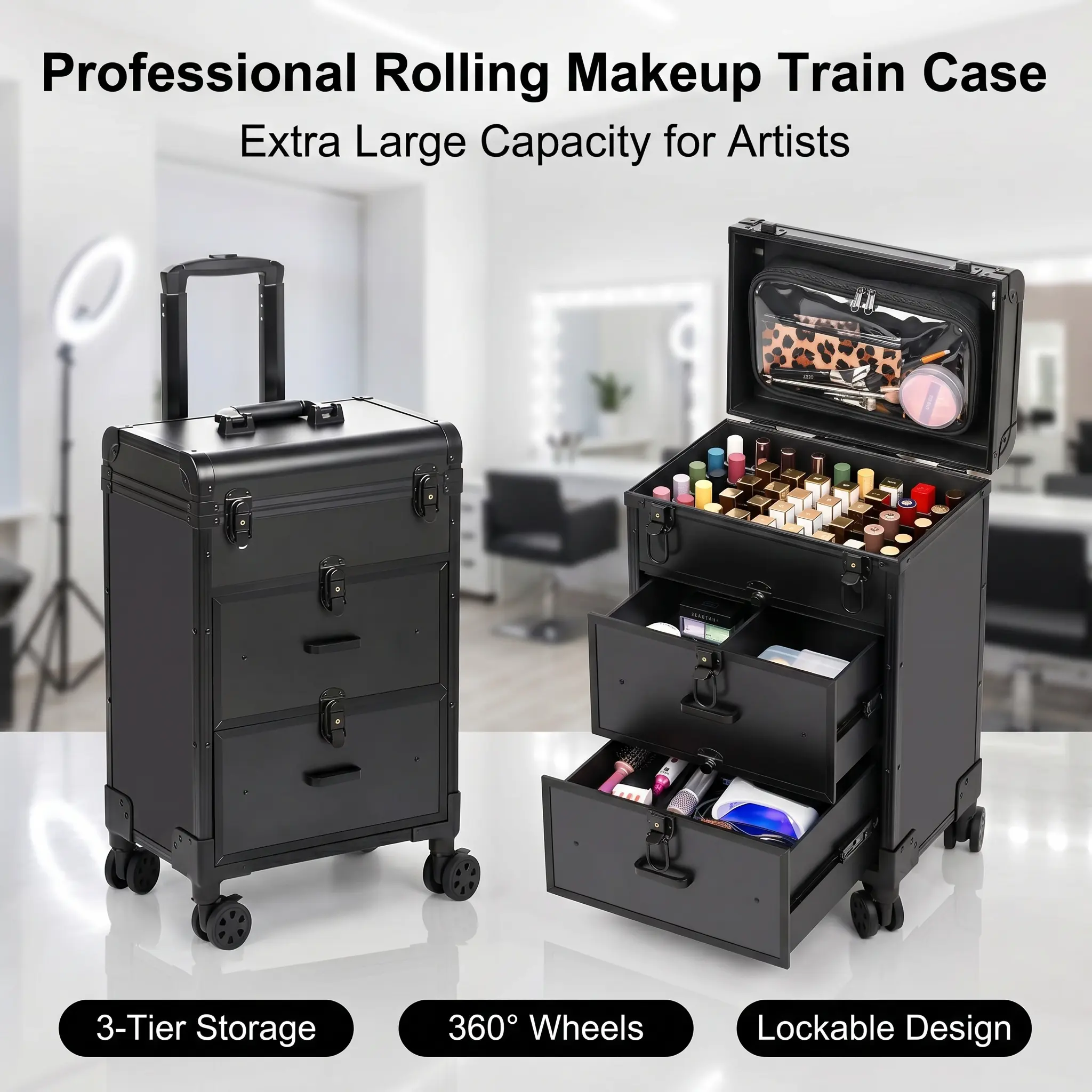 Waterproof 3-in-1 Rolling Makeup Case for Nail Technicians, 360° Smooth Roll Swivel Wheels, 2-Drawer Quick Grab Smooth Sliding Drawers, Detachable Cosmetic Bag, Nail Polish Organizer, Scratch-Resist Acrylonitrile Butadiene Styrene Shell