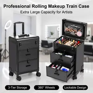 3 in 1 Rolling Makeup Case, Professional Train Case on Wheels with Detachable Clear Bag & Nail Polish Organizer, Large Cosmetology Travel Trolley with Drawers & Swivel Wheels for Nail Technicians, Cosmetologists, and Stylists