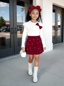 Baby Girl Boutique Princess Clothes Luxurious Delightful Pretty Toddler Girl Festive Bow Top & Mini Skirt Set White Ribbed Ruffled Long Sleeve Maroon Faux Pear Decorated Wrap Skirt Special Occasion Holiday Photo Ready Outfit Elegant Kids Winter Fashion