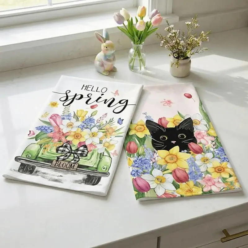 Spring Kitchen Towel Set, 2-Piece Narcissus Pattern, 16-24 Inches, Floral Cat Dishcloth, Farmhouse Design, Gift Idea
