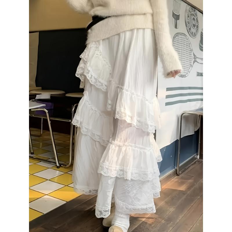 Elegant High-Waisted A-Line Long Skirt for Women, Spring Collection, Korean Style, White Cake Design, Lace Ruffle Detail, 100% Polyester, Solid Color, All Seasons, 125g/m² Lining, 140g/m² Fabric Weight