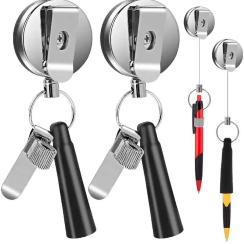 4CM Silver Color Half Metal Easy Pull Spring Loaded Strong Minimalist Design Keychain Retractable Clip, Ideal for Pen Holder & Keyring Use, Pencil Keychains