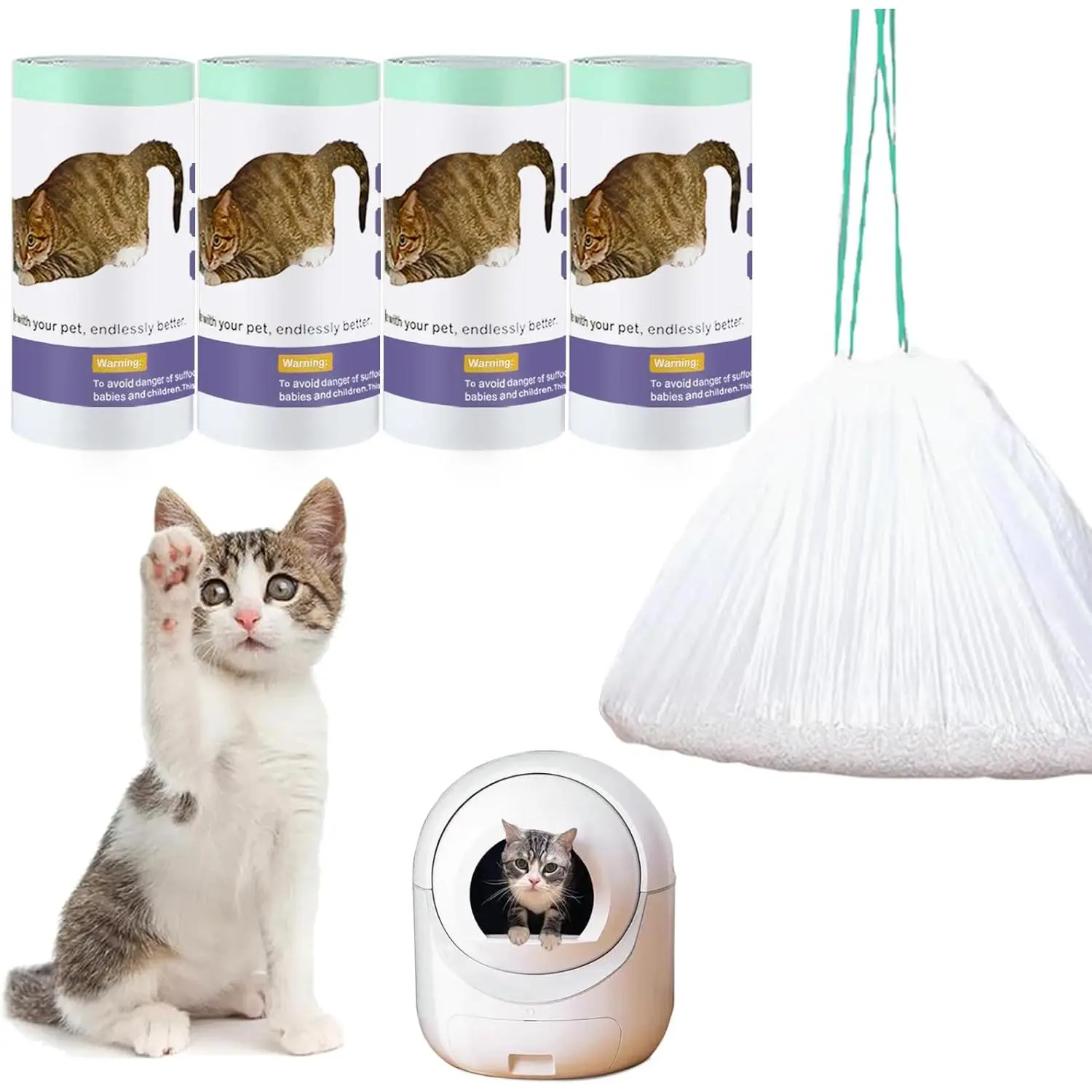 100 Count Self Cleaning  Litter Box Liner Bags Compatible with Automatic  Litter Box, Thick Heavy Duty Drawstring Replacement  Drawer Liners-25.2" x 11.8"