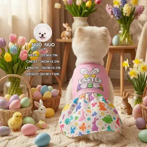 Pet Easter Bunny Print Dress - Dog, Cat & Puppy Pink "Easter" Slogan Clothes. Colorful Rabbit & Egg Pattern Flared Skirt Sundress, Soft Comfortable Dog Outfit, Easter Celebration Wear Apparel, Clothing & Daily Dress, Fit for Small Medium Pets