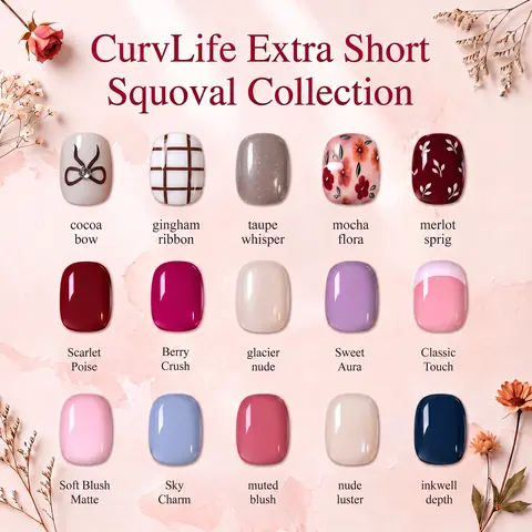 CurvLife Extra Short Squoval Press-On Nails Collection | 30PCS | Natural Nude & Pink Tones, Simple Cute, Soft Petal & Floral Styles, Glossy Jelly Finish | Summervibes | Non-Toxic Reusable Nails, Easy Application, Everyday Minimal Look for Daily Wear