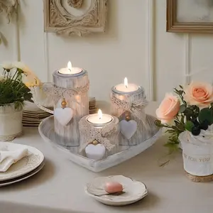 A set of white wooden heart-shaped tea light candle holders, rustic style cylindrical table candle holders for wedding, party, birthday, Valentine's Day tea candle table center decorations vintage candle stand [candles not included]