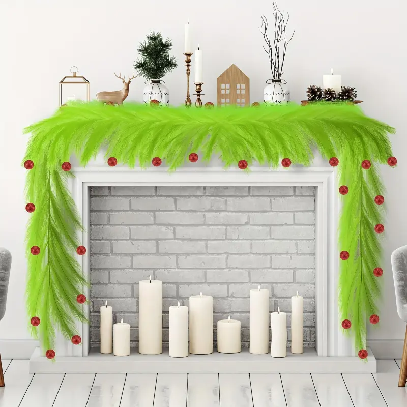 Christmas Tree Topper, Christmas Tree Garland Decoration Lime Green Pampas Grass Garland with Red Ball Artificial Garland, Suitable for Christmas Tree, Home, Farmhouse, Holiday Party Christmas Tree Topper Decoration, Farmhouse Decor, Festiv