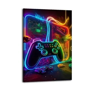 15 Modern Neon Gamepad Lightsaber Artistic Canvas Wall Print, Hanging Decoration for Home Room, Portable Installation, Thoughtful Gift Idea