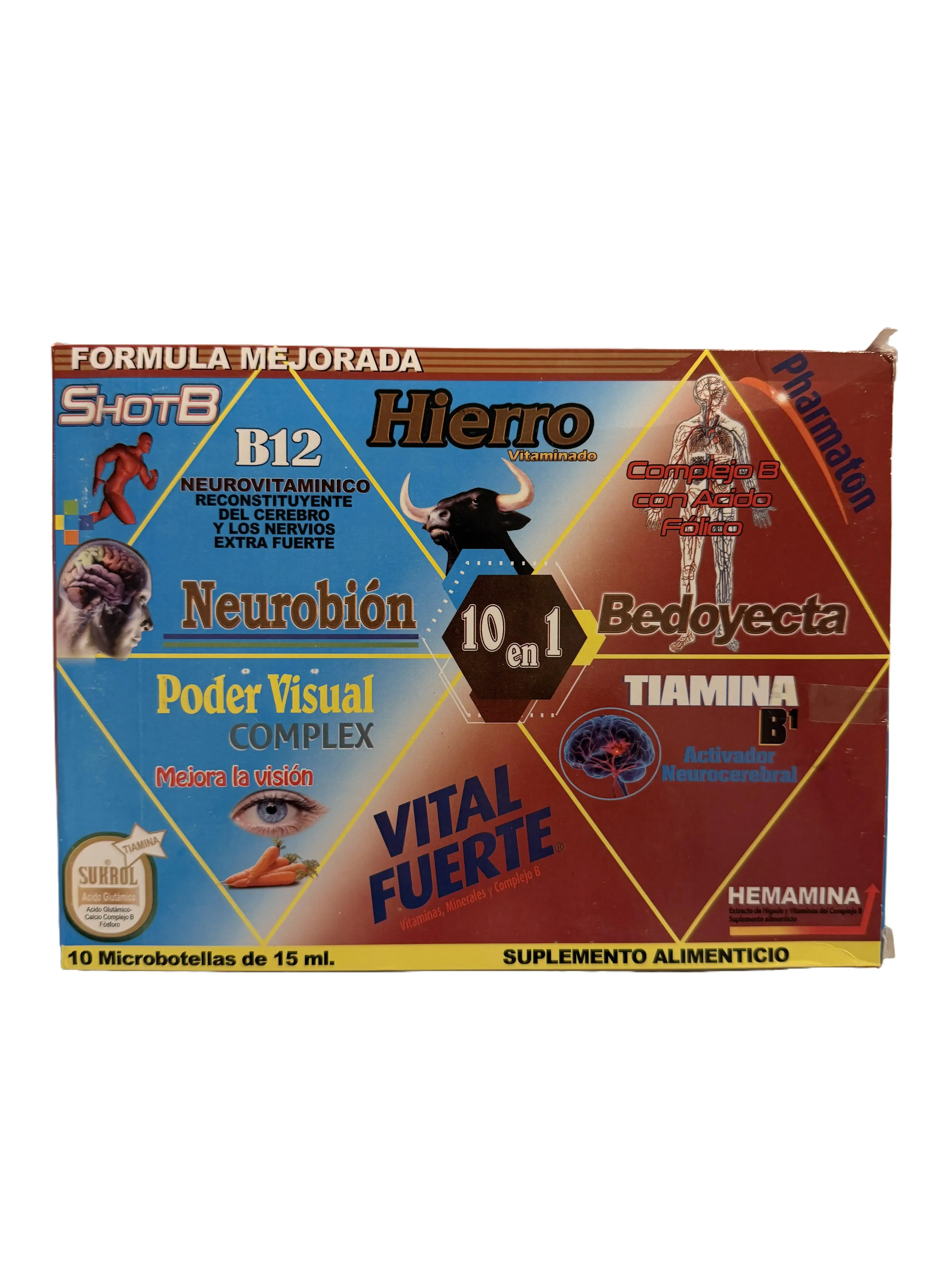 10-in-1 Optimum Vitamin Nutritional Supplement - 10 Vials (15mL Each) with Vitamins A,D,C,B1,B2,B3,B6,B12 & Folic Acid for Adult Brain Health & Mental Boost Dietary Support