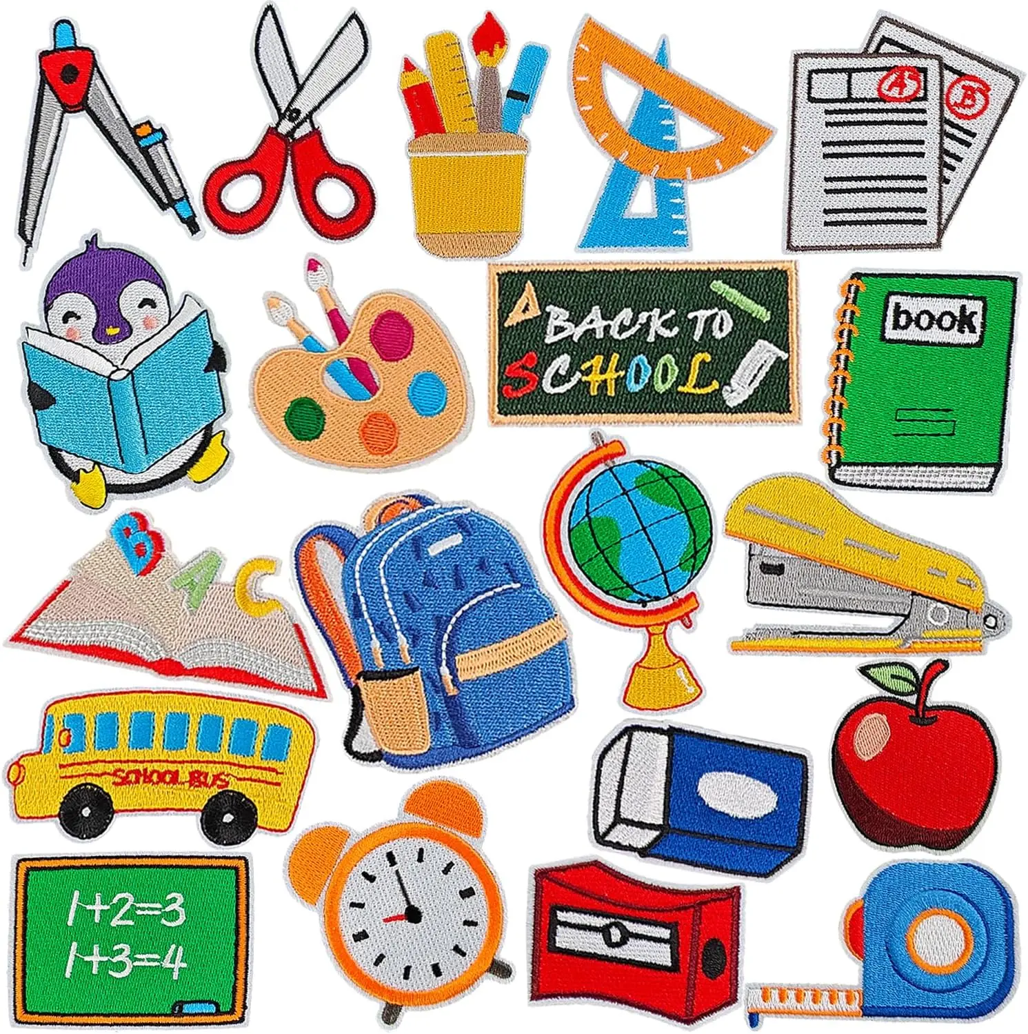 20Pcs Back to School Iron on Patches, Cute Pencil School Bus Patch, Teacher Students DIY Crafts for Backpacks Hats Socks Shirt Jackets DIY Decoration